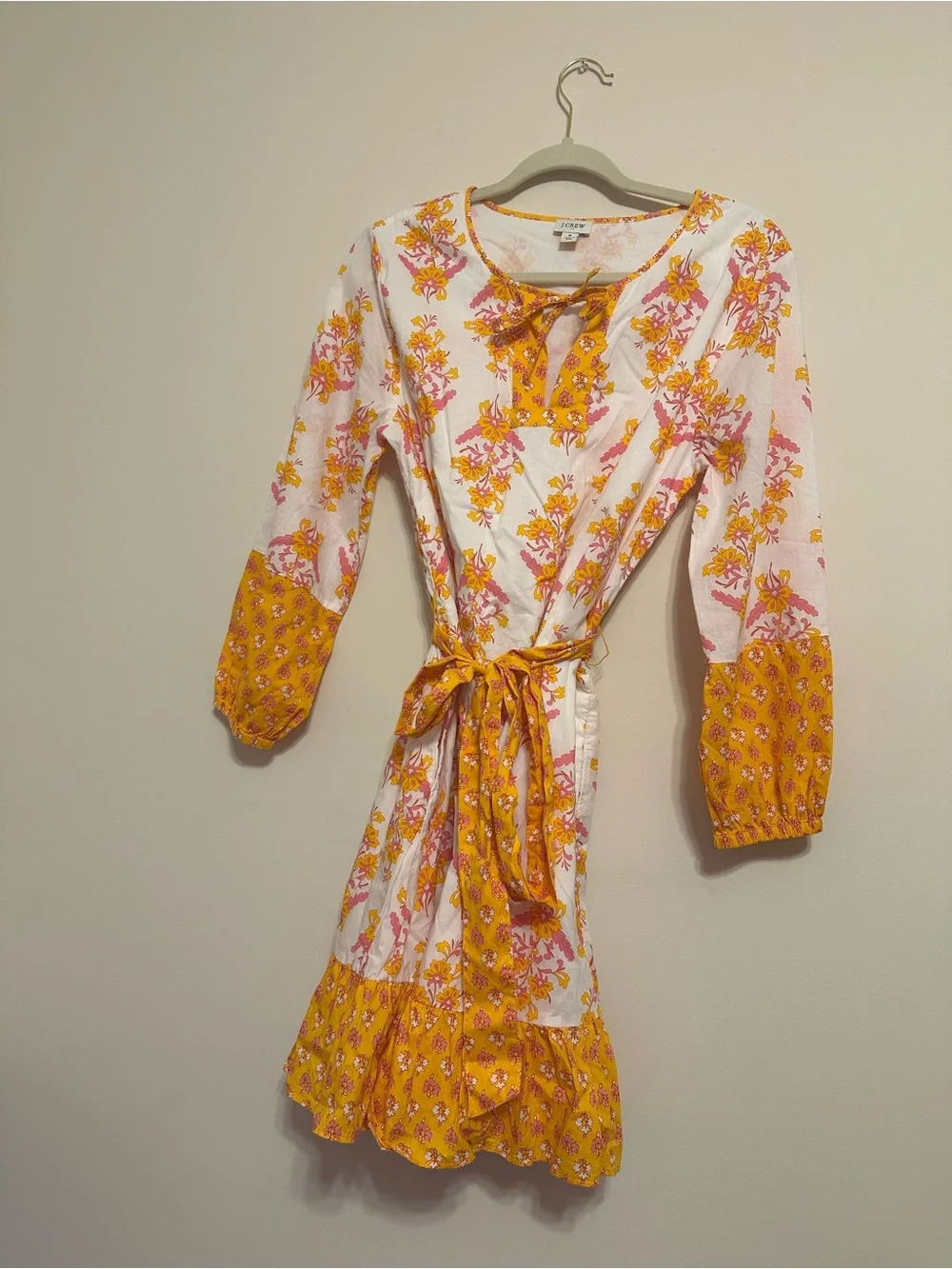 J. Crew White Mini Belted Dress with Yellow and Pink Floral Print Sz Small